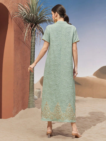 Women's Textured Notched Collar Short Sleeve Dress