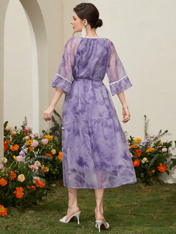 Women's Tie-Dye Printed Lace Trimmed Dress