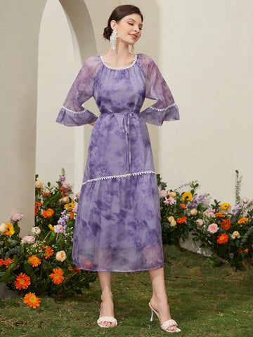 Women's Tie-Dye Printed Lace Trimmed Dress