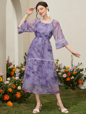Women's Tie-Dye Printed Lace Trimmed Dress