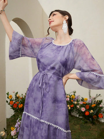 Women's Tie-Dye Printed Lace Trimmed Dress