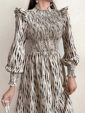 Women's Tie Dye Lantern Sleeve Dress With Ruffle Hem Detail