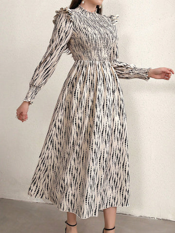 Women's Tie Dye Lantern Sleeve Dress With Ruffle Hem Detail