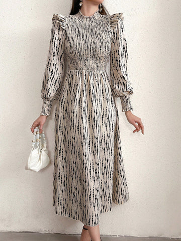 Women's Tie Dye Lantern Sleeve Dress With Ruffle Hem Detail
