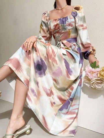 Modely Women's Tie Dye Pleated Lantern Sleeve Dress