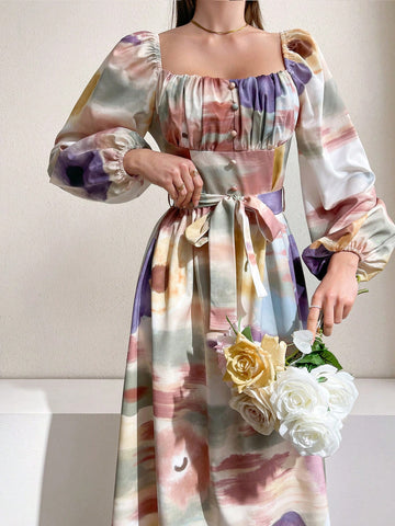 Modely Women's Tie Dye Pleated Lantern Sleeve Dress