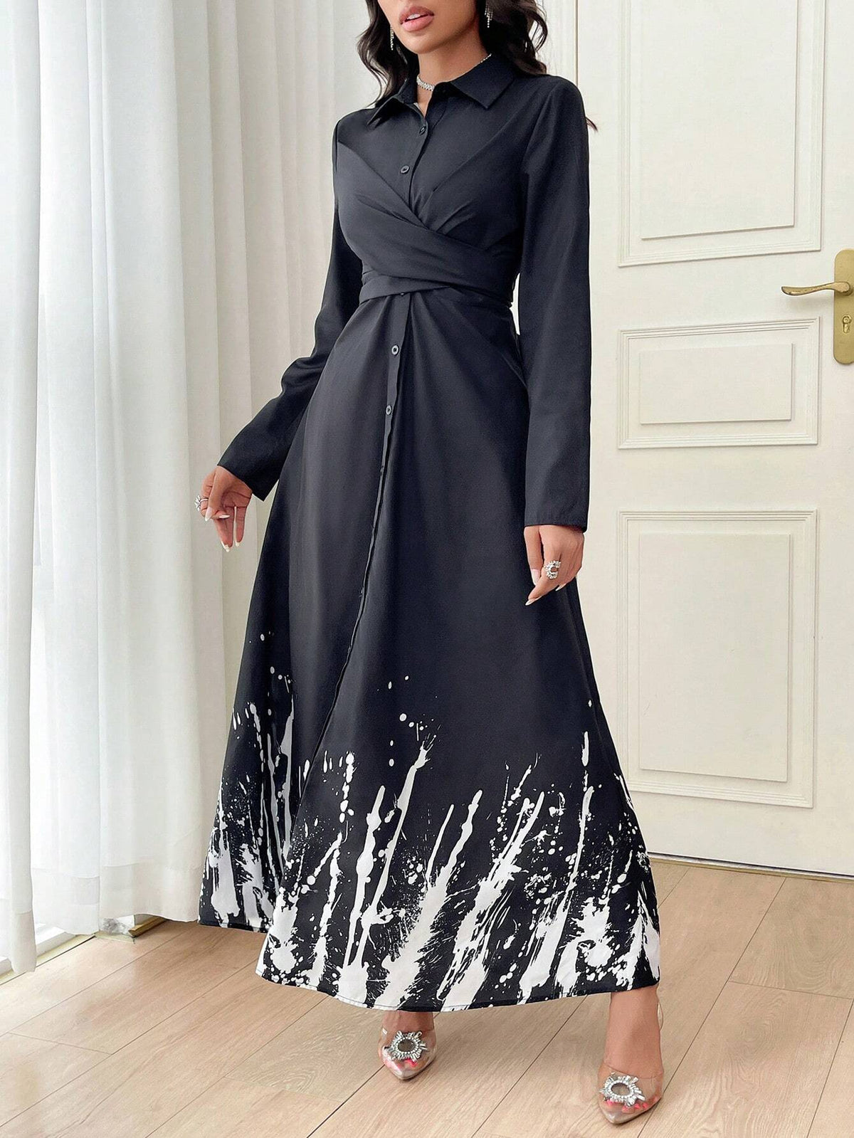 Women's Turndown Collar Front Button Geometric Print Wrap Long Sleeve Dress