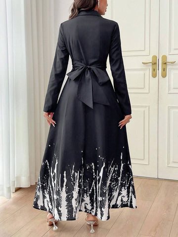 Women's Turndown Collar Front Button Geometric Print Wrap Long Sleeve Dress
