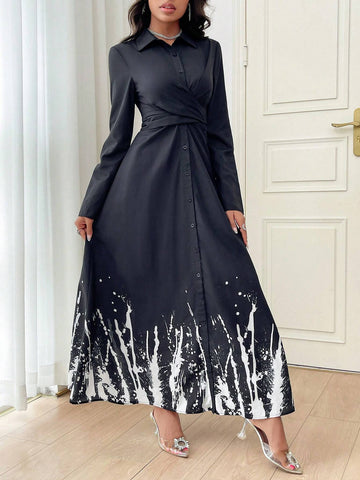 Women's Turndown Collar Front Button Geometric Print Wrap Long Sleeve Dress