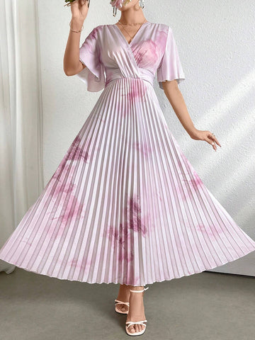 Women's V-Neck Allover Print Pleated Wrapover Short Sleeve Dress, Summer