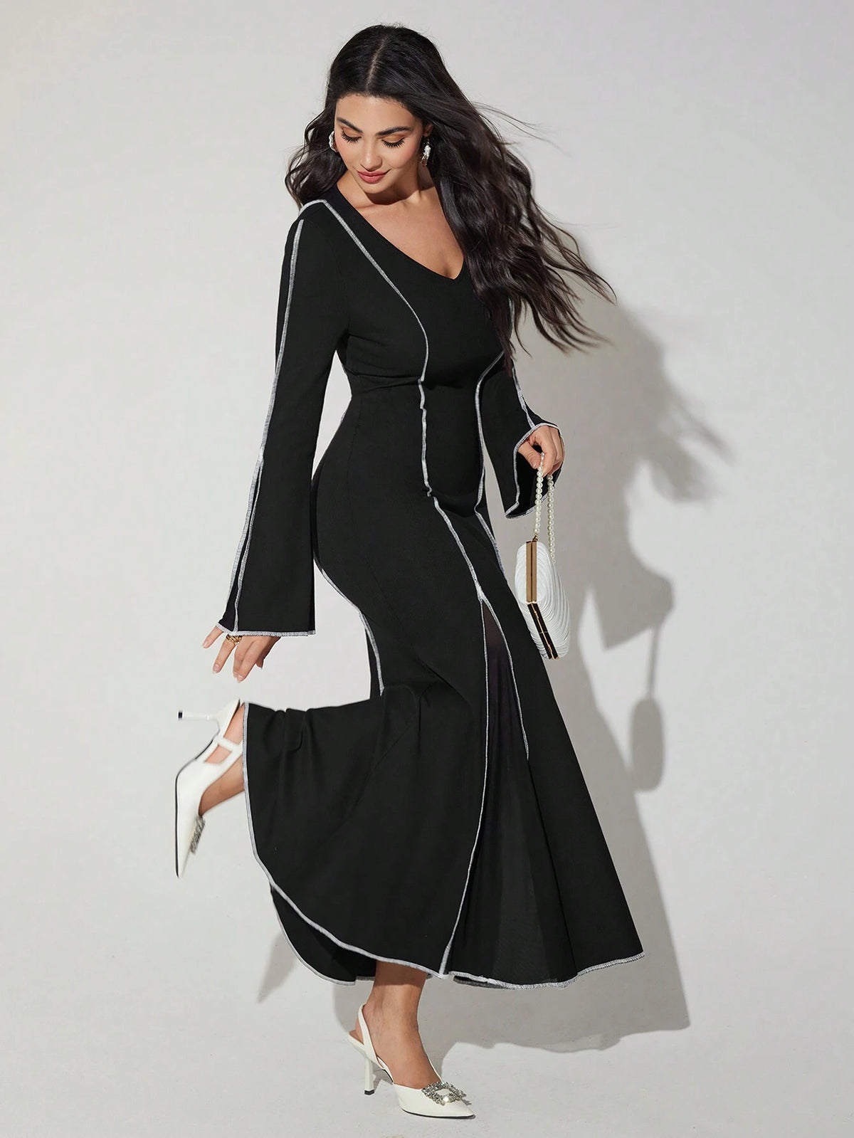 Women's V-Neck Color Block Trim Elegant Long Sleeve Dress