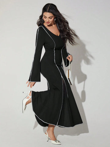 Women's V-Neck Color Block Trim Elegant Long Sleeve Dress