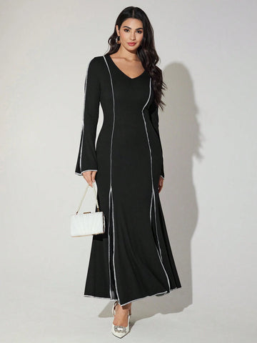 Women's V-Neck Color Block Trim Elegant Long Sleeve Dress