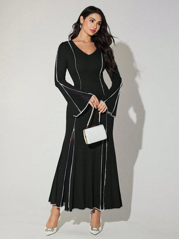 Women's V-Neck Color Block Trim Elegant Long Sleeve Dress