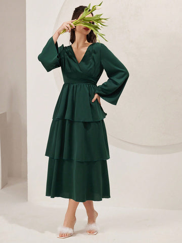 Women's V-Neck Flared Sleeve Multi-Layered Hem Dress