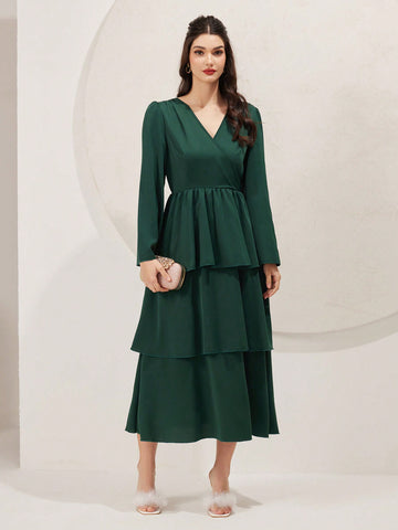 Women's V-Neck Flared Sleeve Multi-Layered Hem Dress