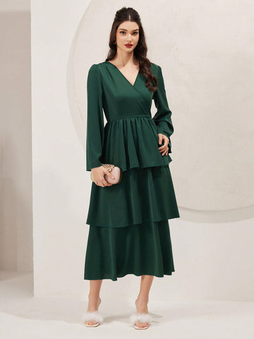 Women's V-Neck Flared Sleeve Multi-Layered Hem Dress