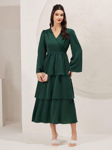 Women's V-Neck Flared Sleeve Multi-Layered Hem Dress