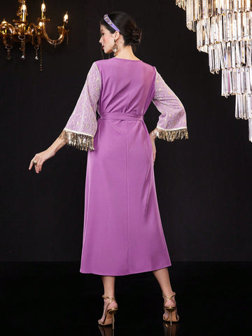 Women's V-Neck Fringe Patchwork Dress