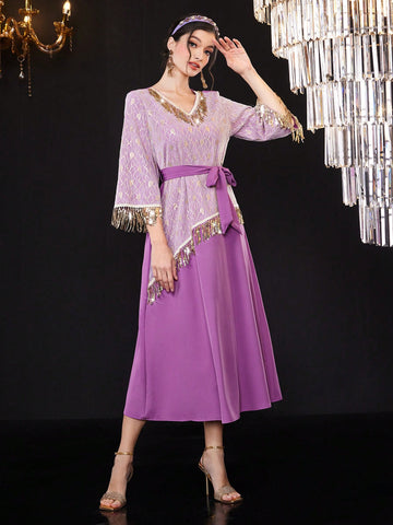 Women's V-Neck Fringe Patchwork Dress