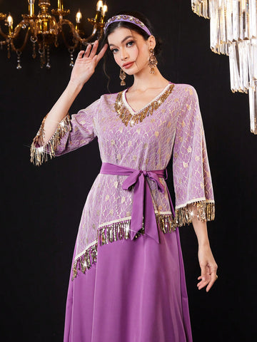 Women's V-Neck Fringe Patchwork Dress