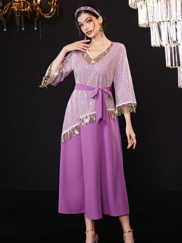 Women's V-Neck Fringe Patchwork Dress
