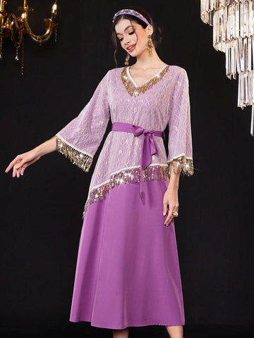Women's V-Neck Fringe Patchwork Dress