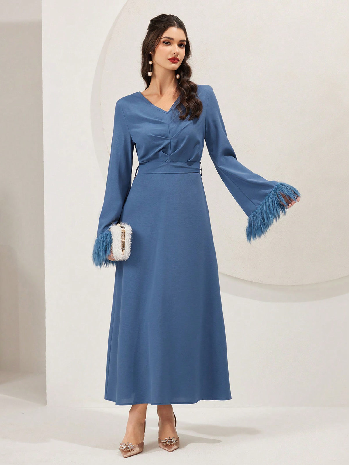 Women's V-Neck Fuzzy Cuff Flared Sleeve Dress