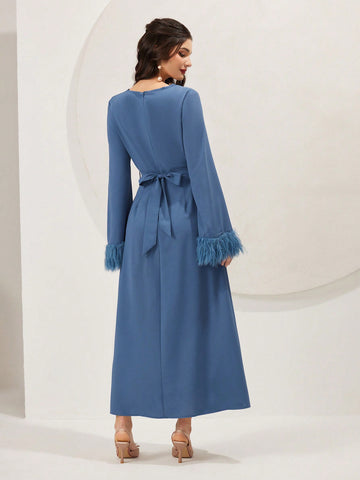 Women's V-Neck Fuzzy Cuff Flared Sleeve Dress