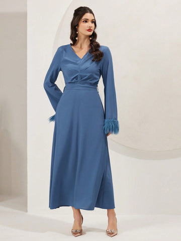 Women's V-Neck Fuzzy Cuff Flared Sleeve Dress