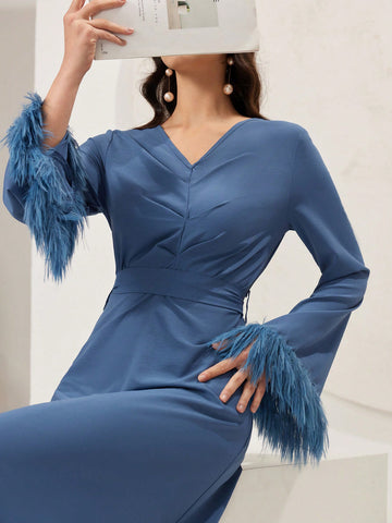 Women's V-Neck Fuzzy Cuff Flared Sleeve Dress