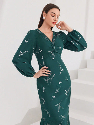 Women's V-Neck Lantern Sleeve Mermaid Hem Dress