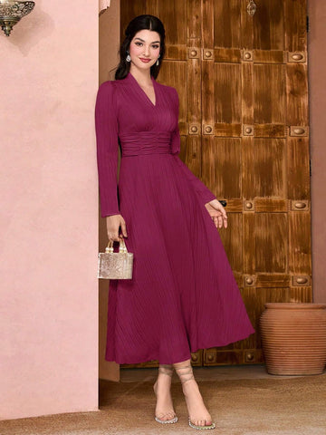 Women's V-Neck Long Sleeve Pleated Elegant Solid Color Dress, Spring/Summer