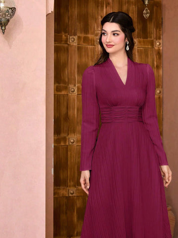 Women's V-Neck Long Sleeve Pleated Elegant Solid Color Dress, Spring/Summer