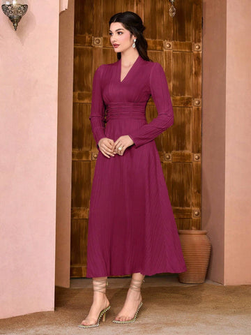 Women's V-Neck Long Sleeve Pleated Elegant Solid Color Dress, Spring/Summer
