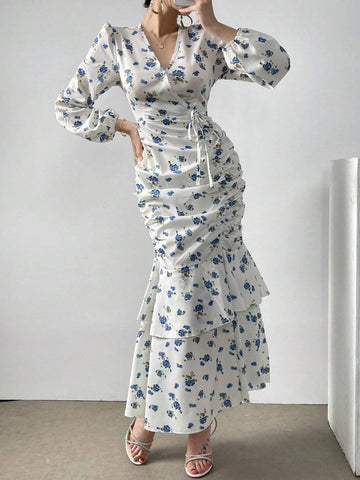Women's V-Neck Pleated Design Long Sleeve Dress