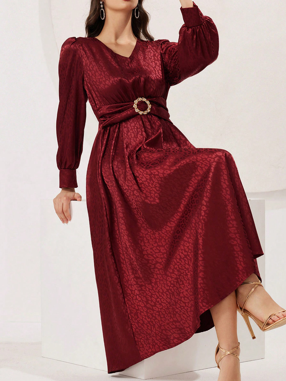 Women's V-Neck Puff Long Sleeve Dress