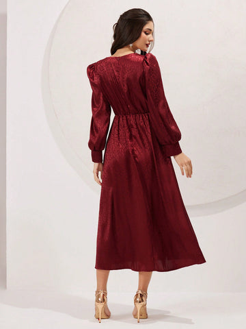 Women's V-Neck Puff Long Sleeve Dress