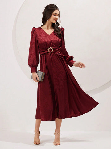 Women's V-Neck Puff Long Sleeve Dress