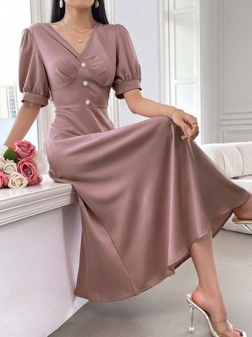 Women's V-Neck Puff Sleeve Elegant Party Match Short Sleeve Dress
