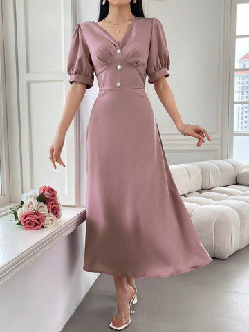 Women's V-Neck Puff Sleeve Elegant Party Match Short Sleeve Dress