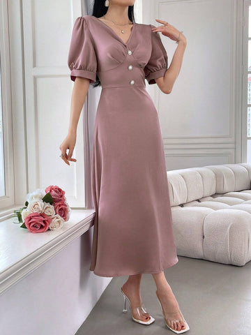 Women's V-Neck Puff Sleeve Elegant Party Match Short Sleeve Dress
