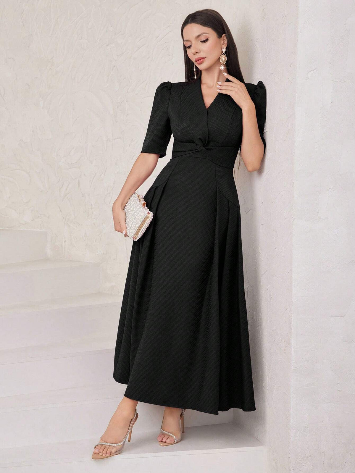 Women's V-Neck Short Puff Sleeve Knot Waist Bubble Hem Dress