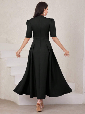 Women's V-Neck Short Puff Sleeve Knot Waist Bubble Hem Dress