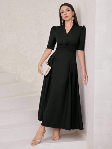 Women's V-Neck Short Puff Sleeve Knot Waist Bubble Hem Dress