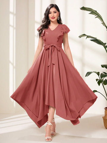 Women's V-Neck Solid Color Asymmetric Hem Dress