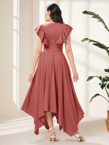 Women's V-Neck Solid Color Asymmetric Hem Dress