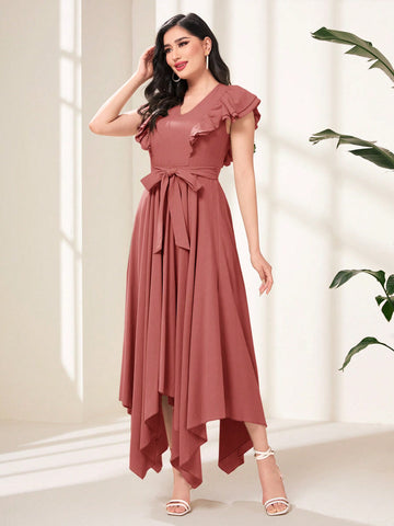 Women's V-Neck Solid Color Asymmetric Hem Dress