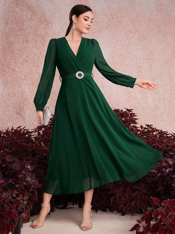 Women's Wrap Collar Long Sleeve Dress