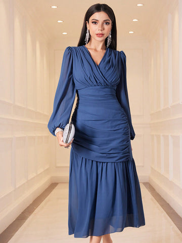 Modely Women's Wrap Neck Lantern Sleeve Dress With Ruffled Hem